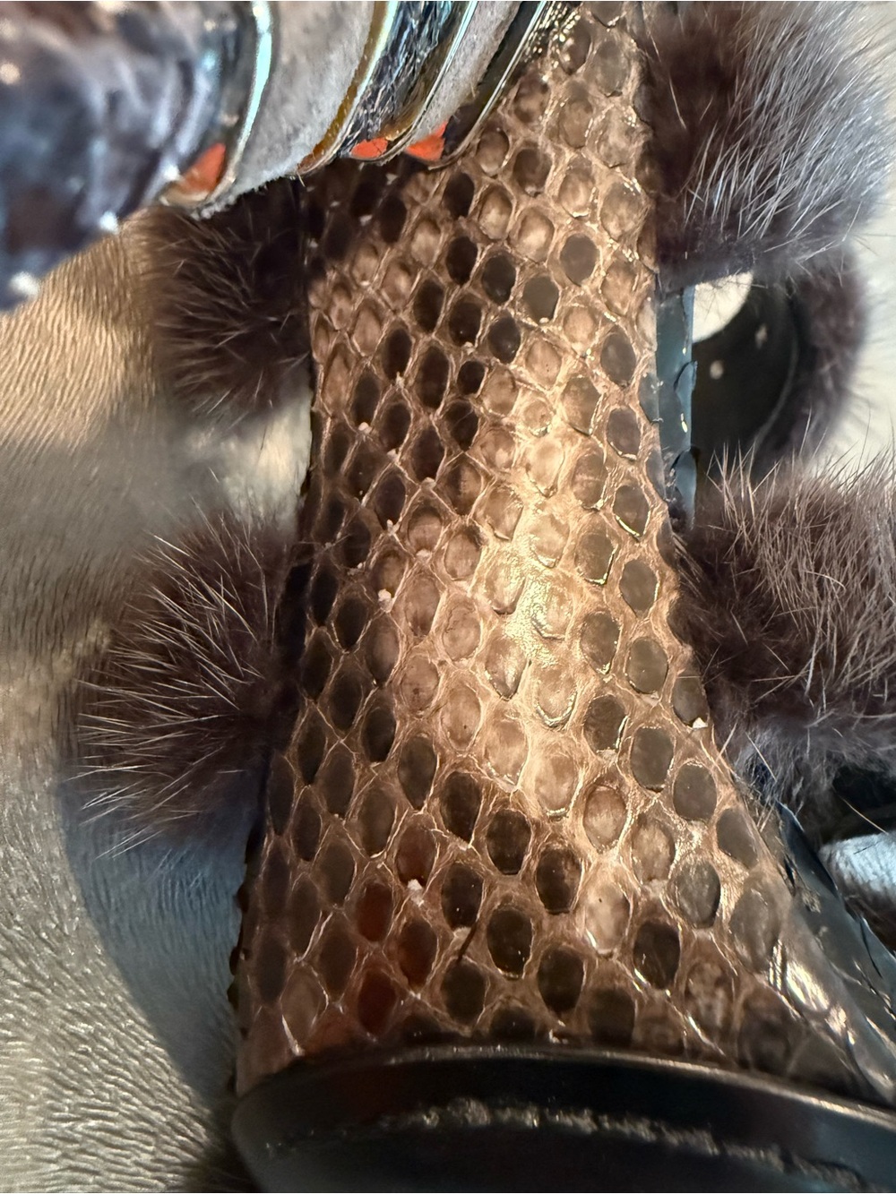 Salvatore Ferragamo Dark Grey Mink Fur and Python Leather Cage Sandals. - Picture 6 of 10